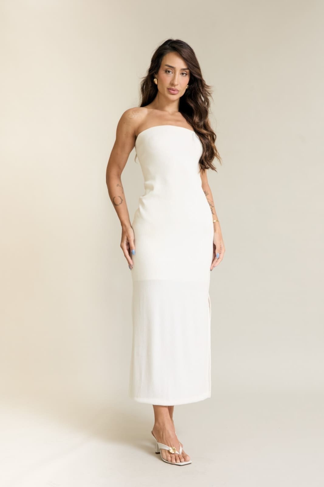 Vestido Malha Lurex Feminino Sem Alças Lemier Collection Branco