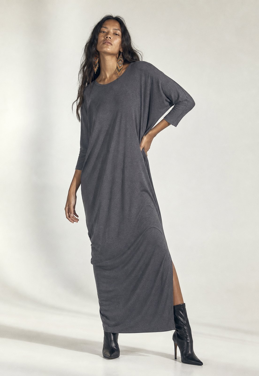 Vestido Longo Amazonia Vital Morcego Manga 3/4 Assimétrico Mescla