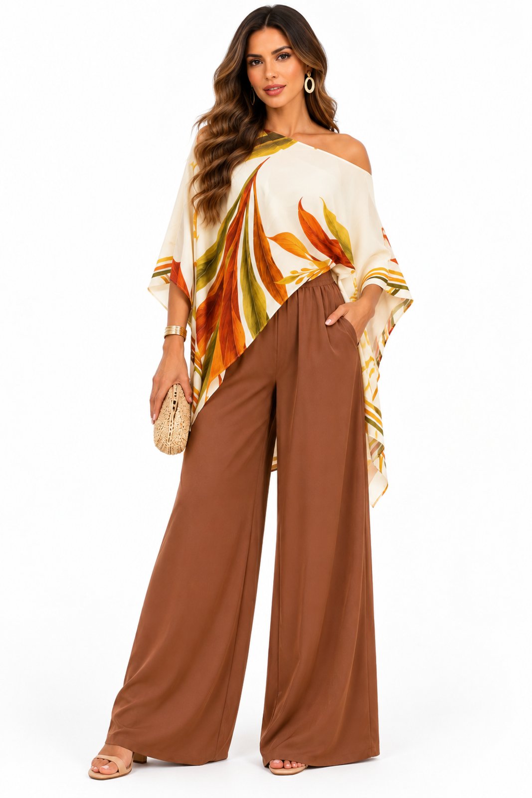 Conjunto Feminino D Bell Outlet Fashion Blusa Ampla e Calça Pantalona Caramelo