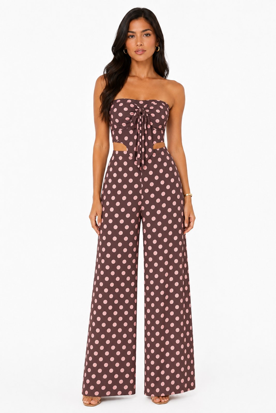 Conjunto D Bell Outlet Fashion Pantalona Cropped Poá Marrom