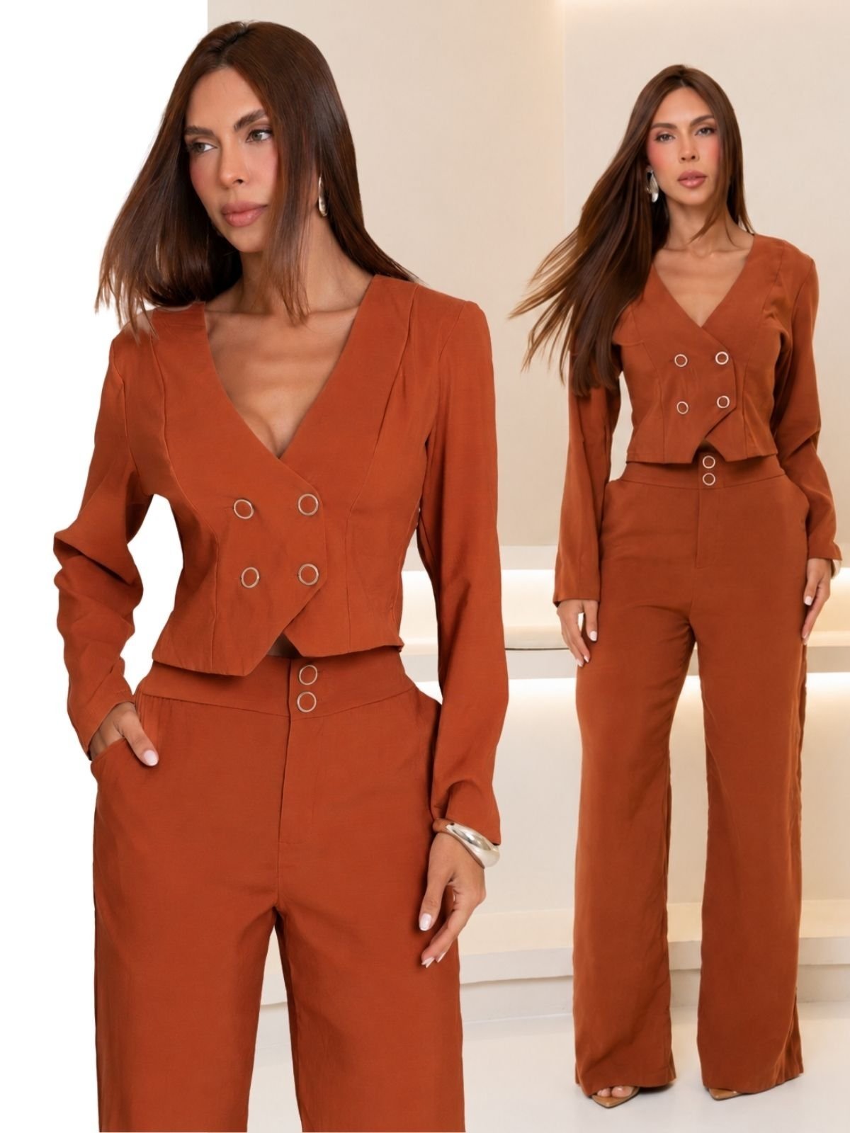 Conjunto Feminino Alfaiataria Divina Gata Blusa Colete e Calça - Marrom Terracota
