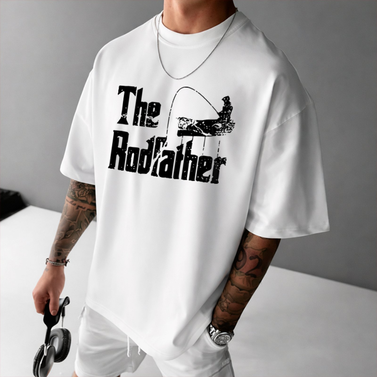 Camiseta Oversized The Rodfather Pesca Funny Unissex Branco