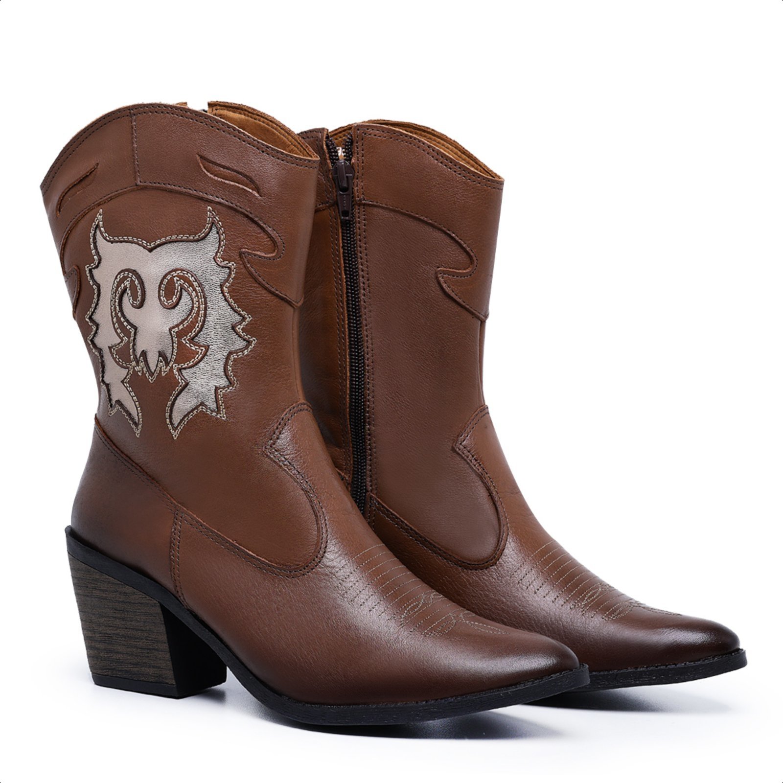 Bota Western Texana Bordada Confort Couro Legítimo com bordado na lateral Mod.3002 Marrom