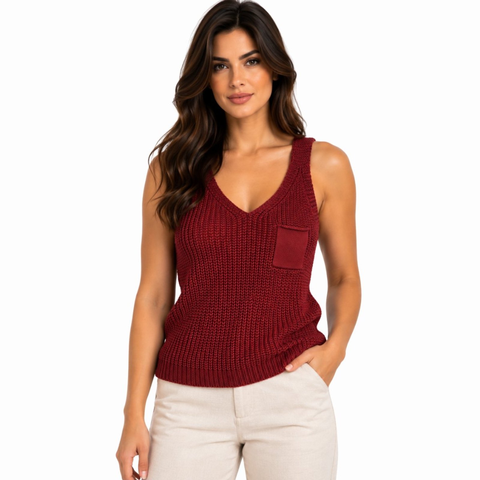 Regata Feminina Tricot com Bolso Decote V Básica Elegante Bordô