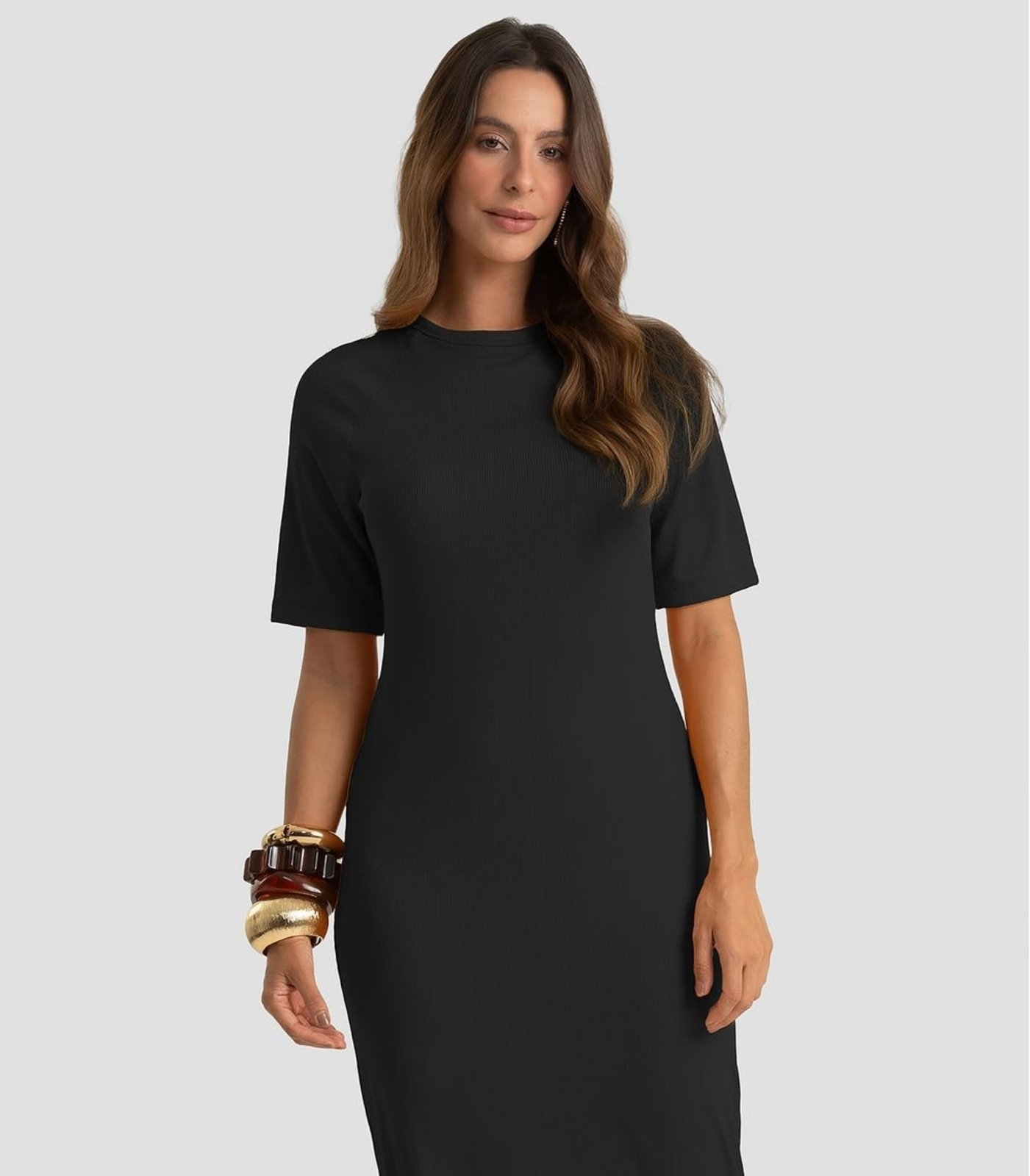 Vestido Midi Em Ribana Viscose Manga Raglan Dianna Preto