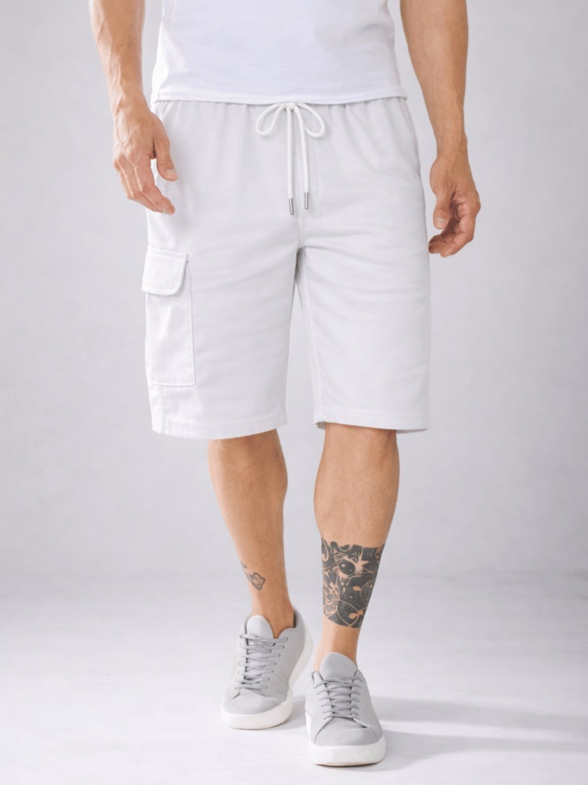 Bermuda Masculina Moletom Branco Bolso Cargo Algodão Grande Casual Bainha Dobrada