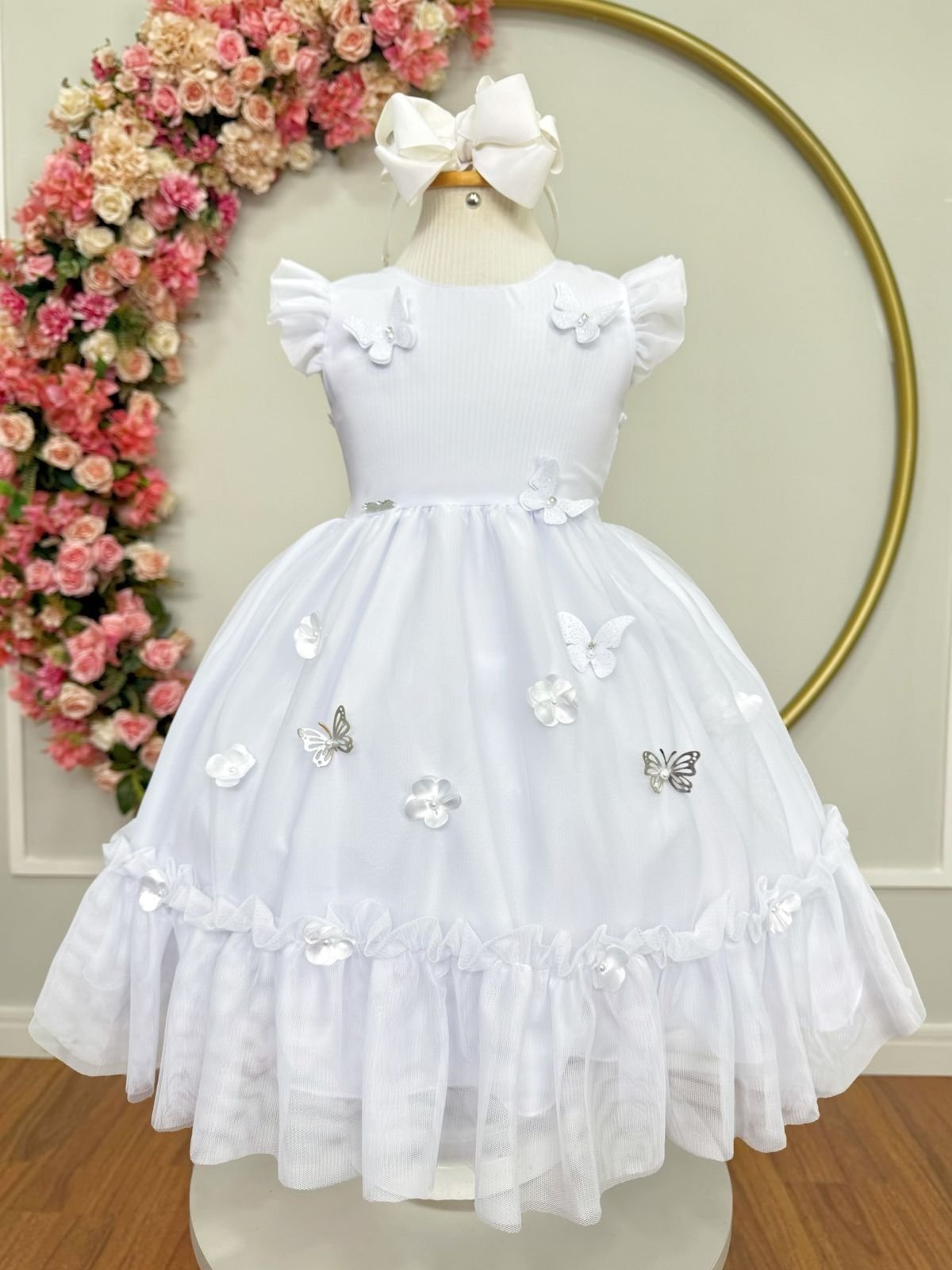 Infantil - Vestido Festa Branco Formatura Florista Casamento Borboletas Flores Dama Daminha Social Menina Juvenil Pérolas Princesa Rodado Aniversário Luxo