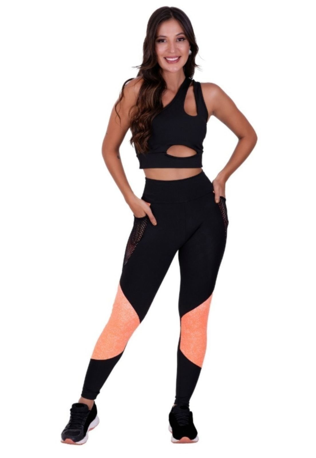 Conjunto Fitness Terra e Mar Calça Legging com Bolso e Top sem bojo Laranja