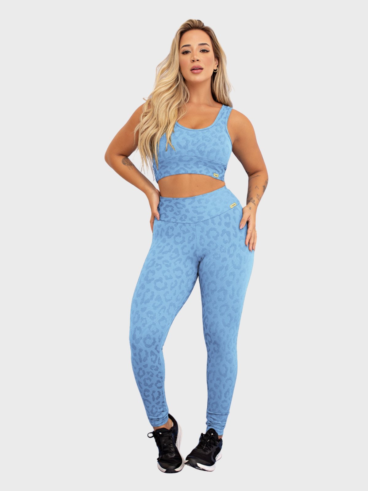 Conjunto Fitness Tarelles Top Calça Legging Textura Onça Azul Céu