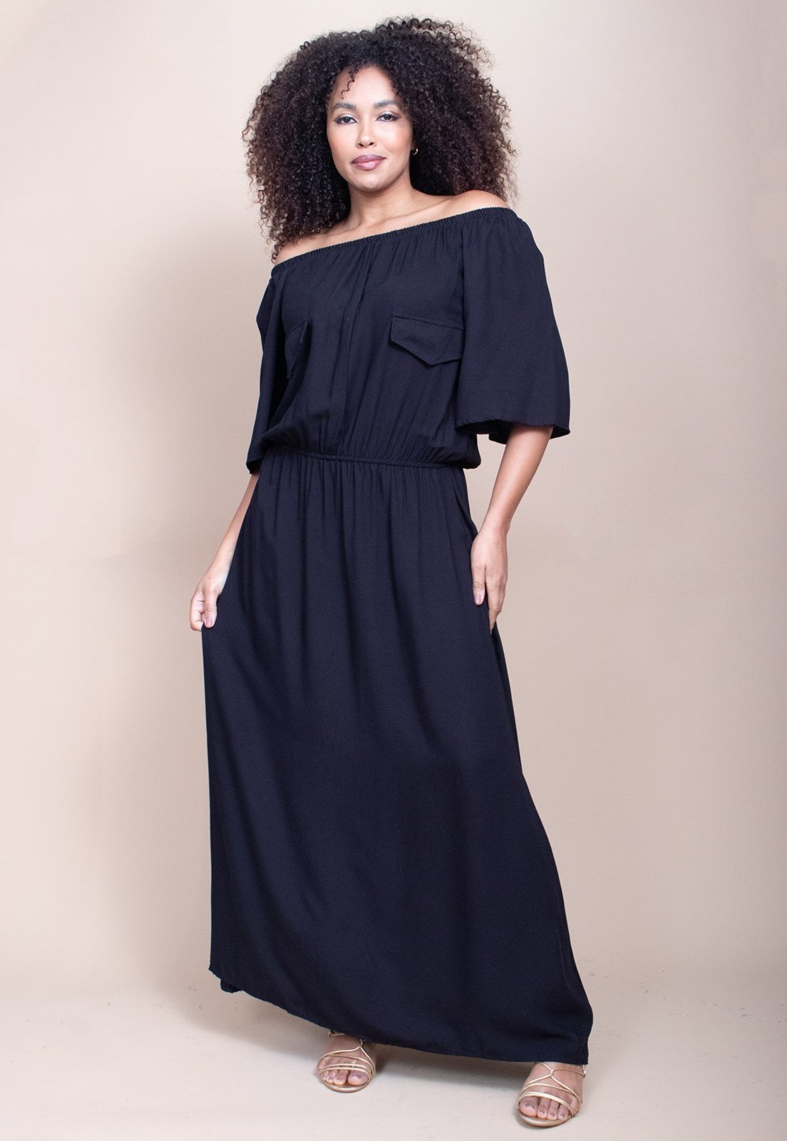 Vestido Midi Cabanafree Ciganinha Viscose Com Lapela Preto