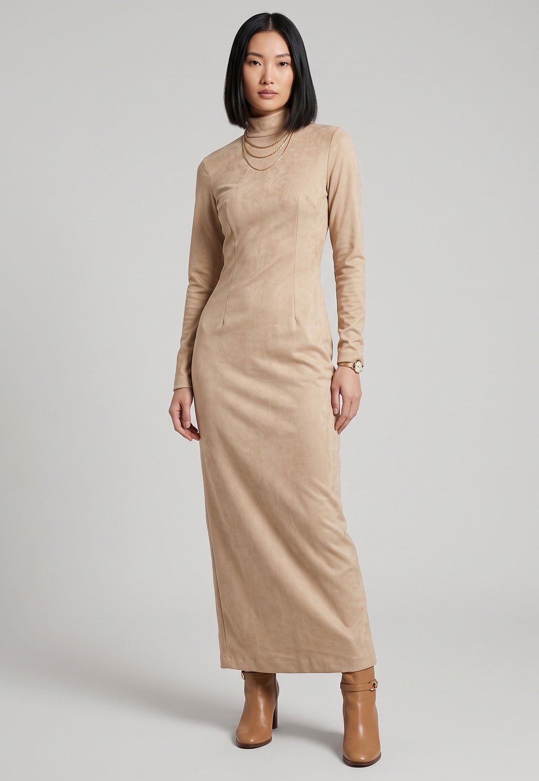 Vestido Feminino Lança Perfume Longo Gola Alta Bege
