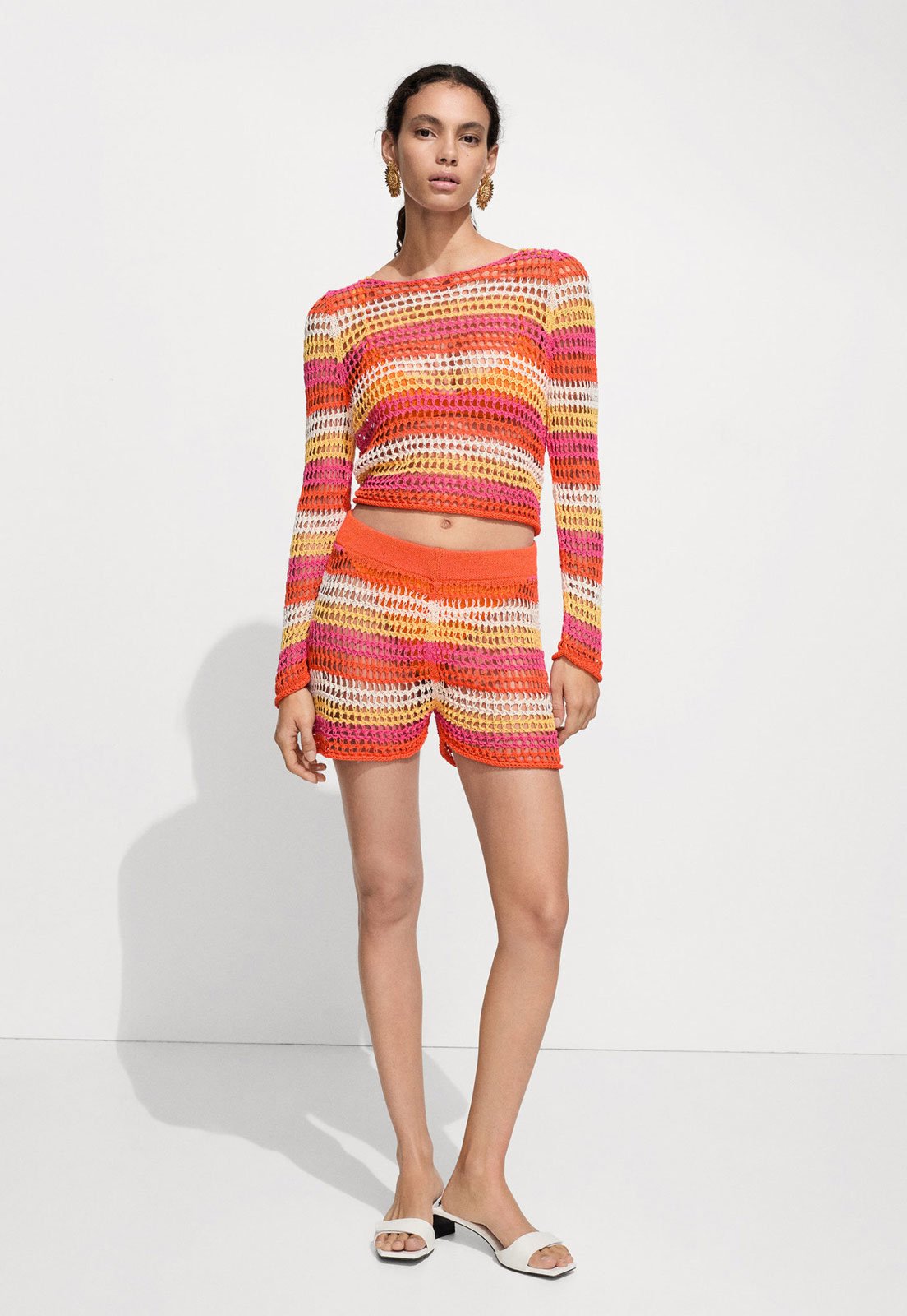 Short Tricot Mango Reto Listrado Vazado Laranja