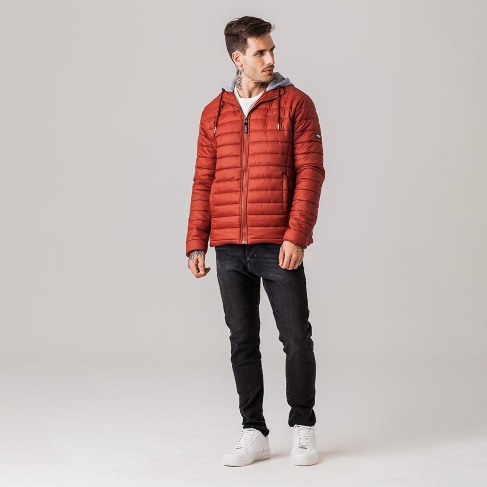 Jaqueta Puffer com capuz de moletom Masculina Rock e Soda Vinho