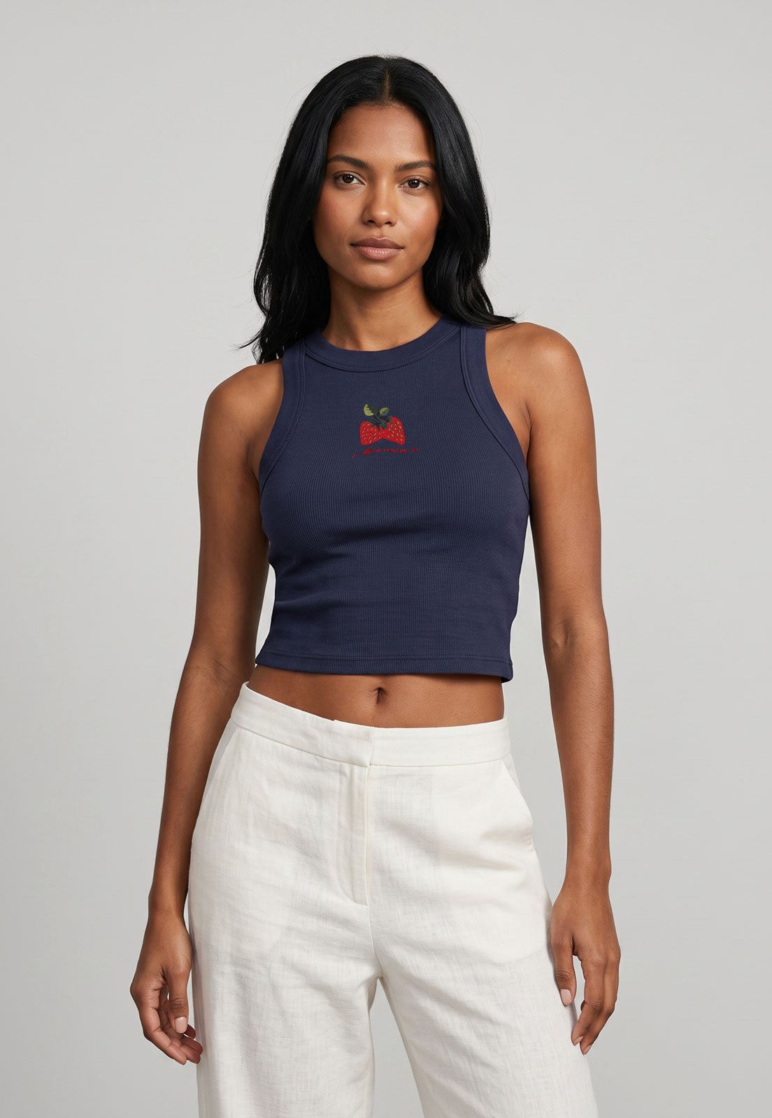 Regata Feminina FARM Cropped Estampa Morango Azul