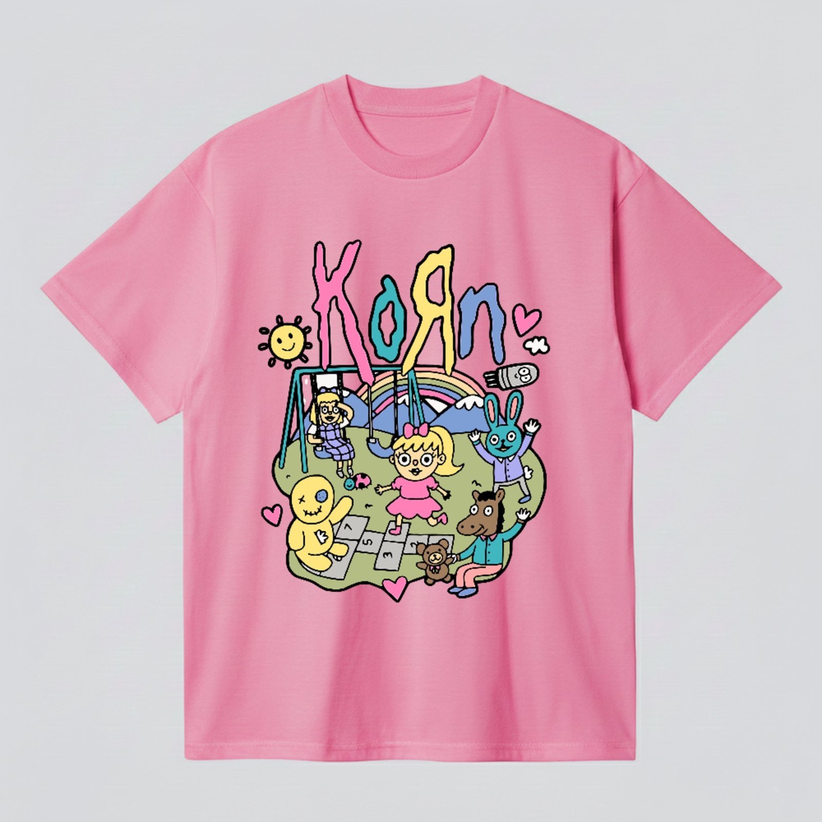 Camiseta Básica Korn Cartoon Art Rock Alternativo Unissex Rosa