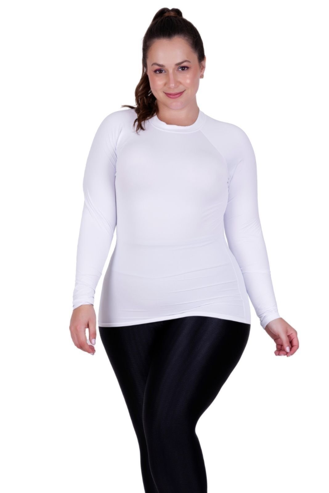 Blusa Plus Size Proteção Solar UV 50+ Terra e Mar Camisa Térmica Segunda Pele Frio e Calor Feminina Inverno Frio Branco