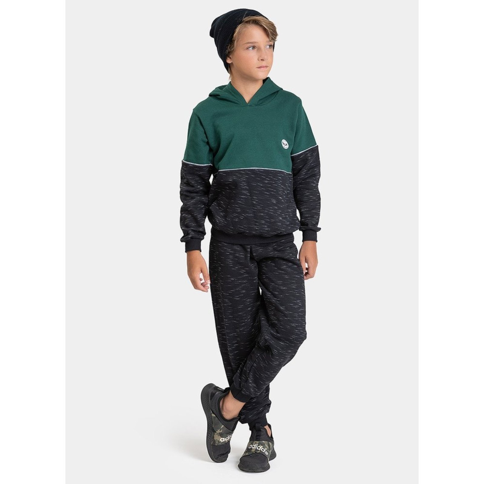 Infantil - Conjunto Inverno Menino Verde Blusão Recortes com Capuz e Calça em Moletom