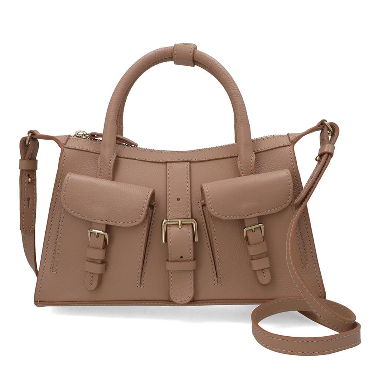 Bolsa Tote Em Couro Bege Com Zíper e Bolsos Frontais