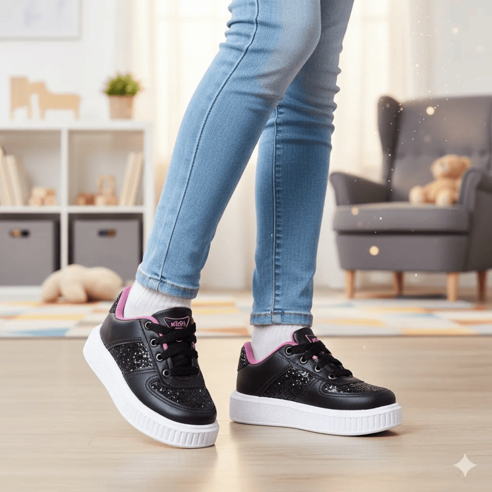 Vista 3 Infantil - Tênis Juliette NIlQi Moda Casual Menina Confortável Macio Cano Baixo Escolar Glitter Footz preto Footz preto