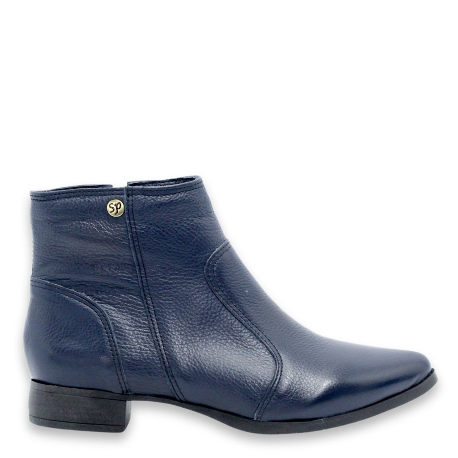 Bota Feminina Bico Fino Cano Curto Couro Salto 2,5 CM Azul Spinelli