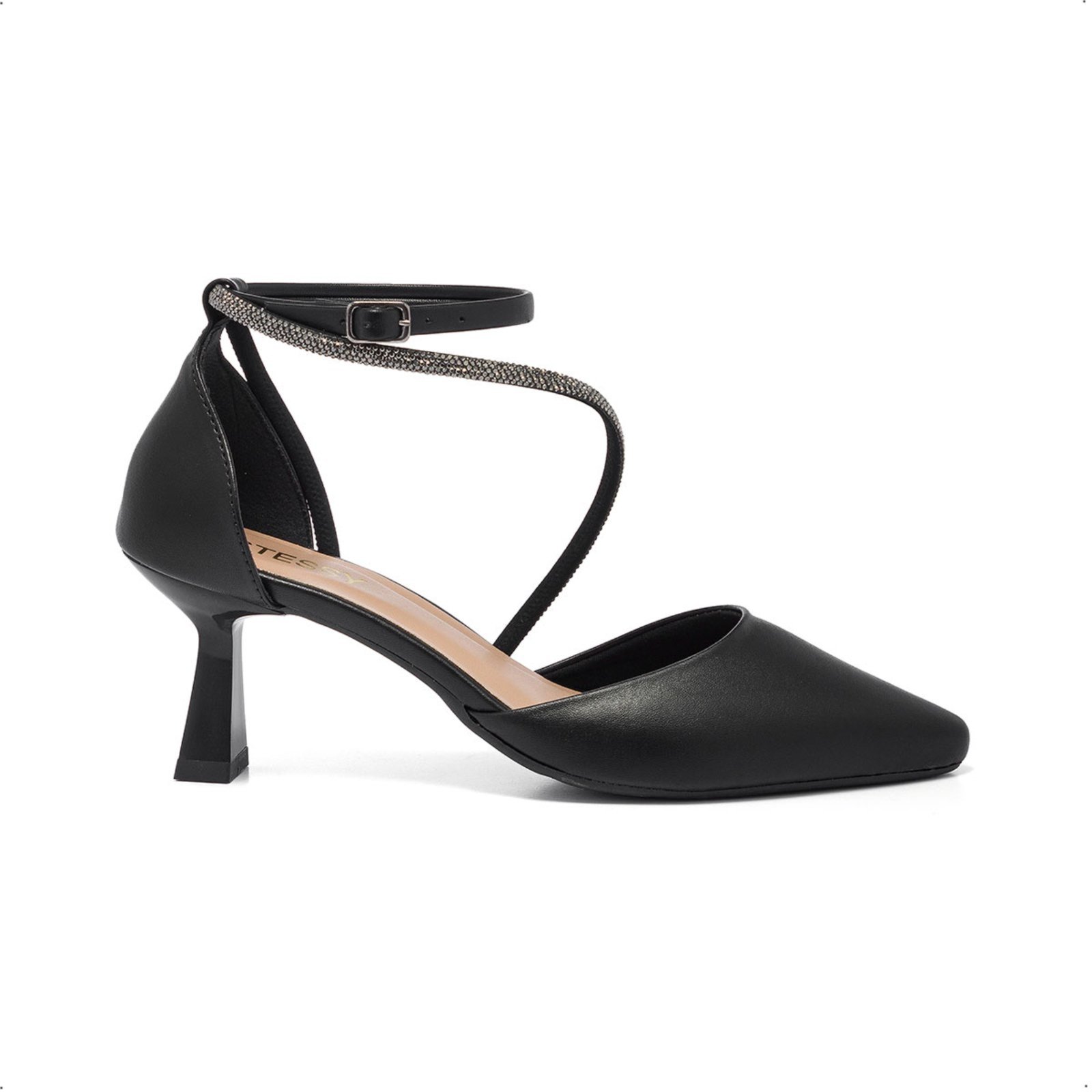 Scarpin Feminino Stessy Salto Taça Bico Fino Elegante Strass Luxo Preto