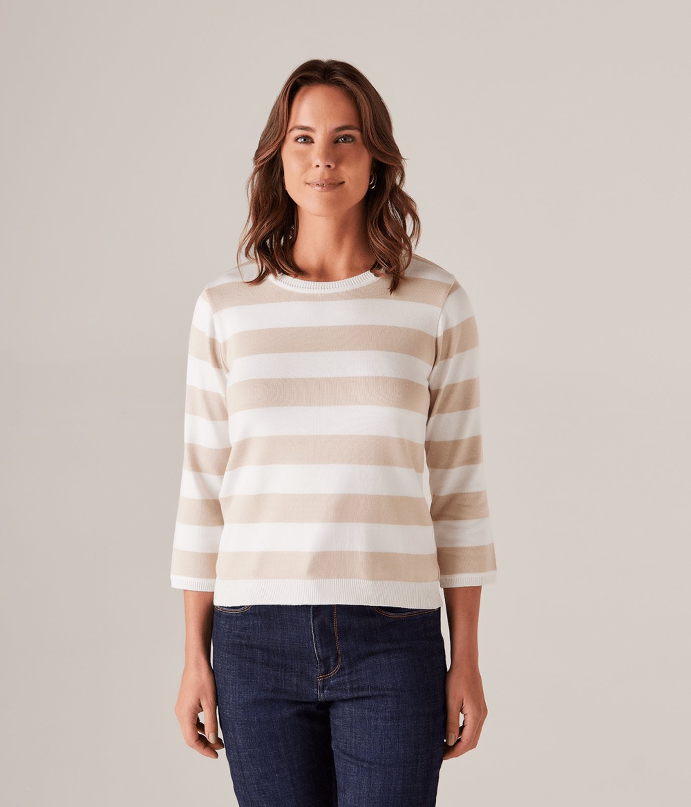 Blusa Tricot Manga Sete Oitavos Listrada Feminina Bege