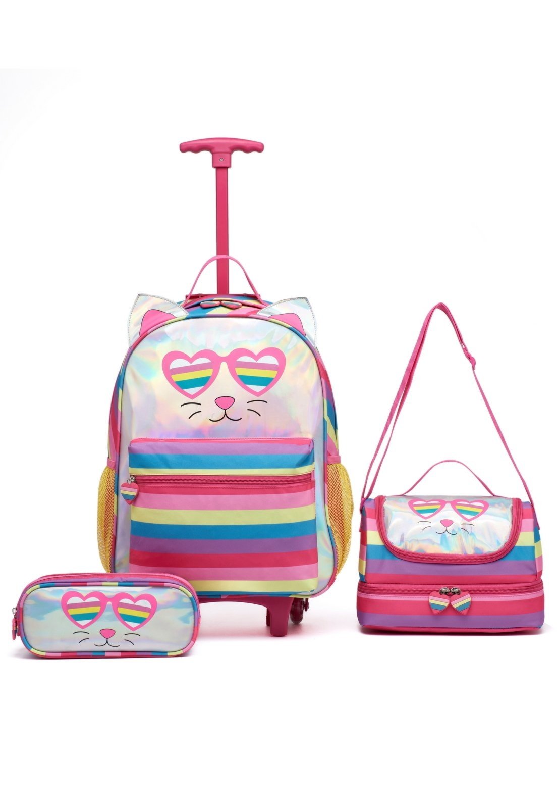 Infantil - Kit Mochila De Rodinha Escolar Estojo Lancheira Gatinha
