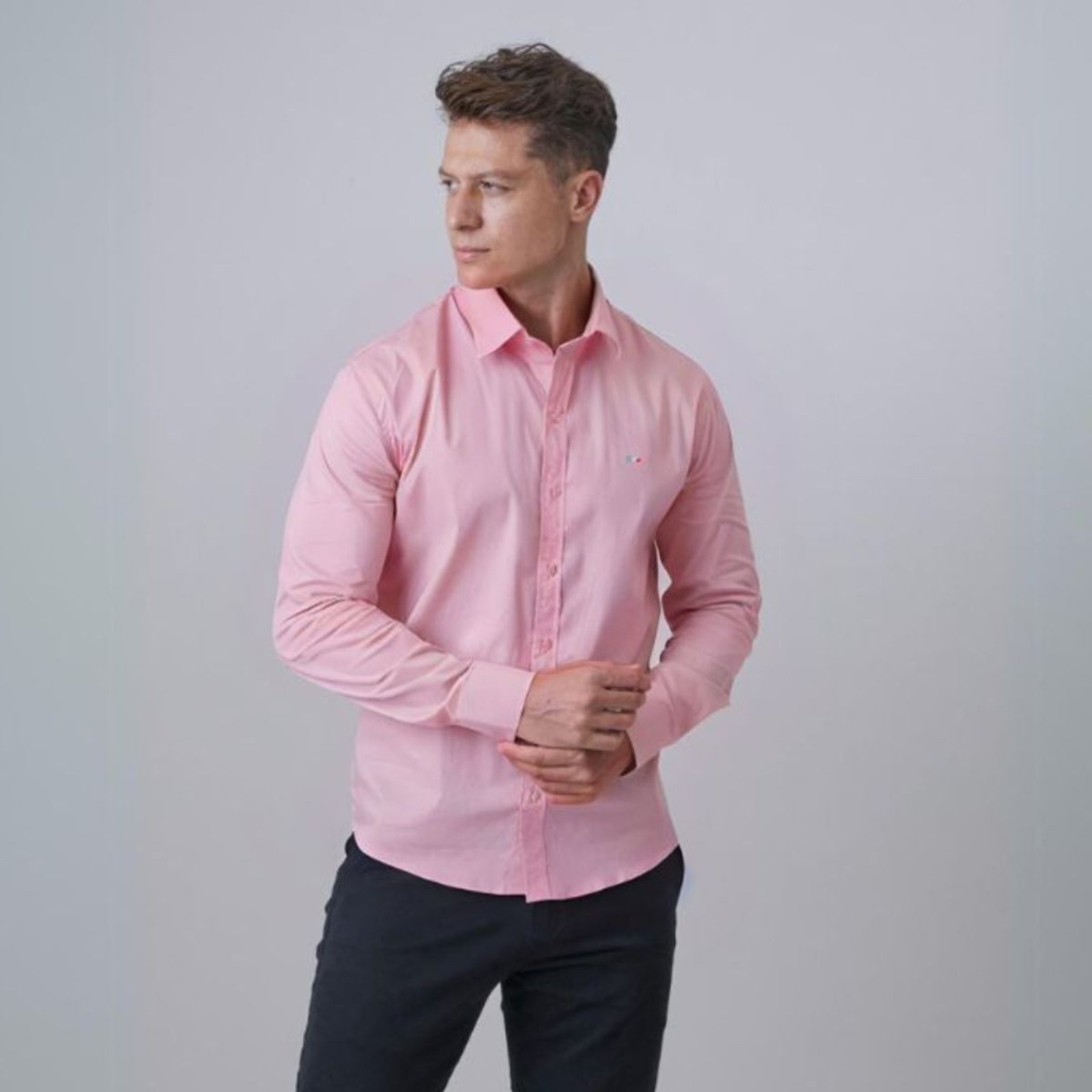 Camisa Social Masculina FMF Rosa Itália Premium Slim Fit Manga Longa