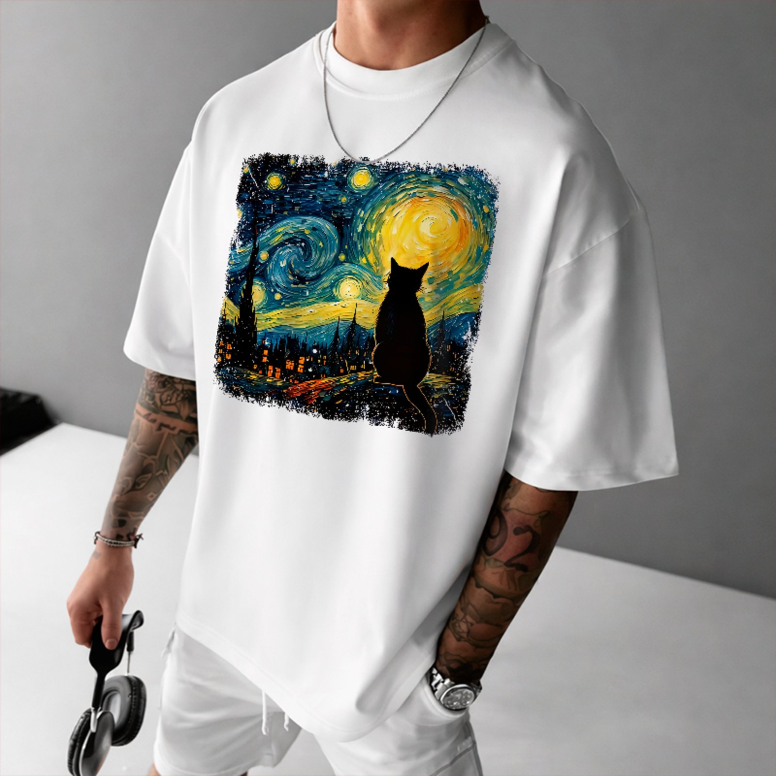 Camiseta Oversized Gato Noite Estrelada Arte Fashion Exclusiva Branco