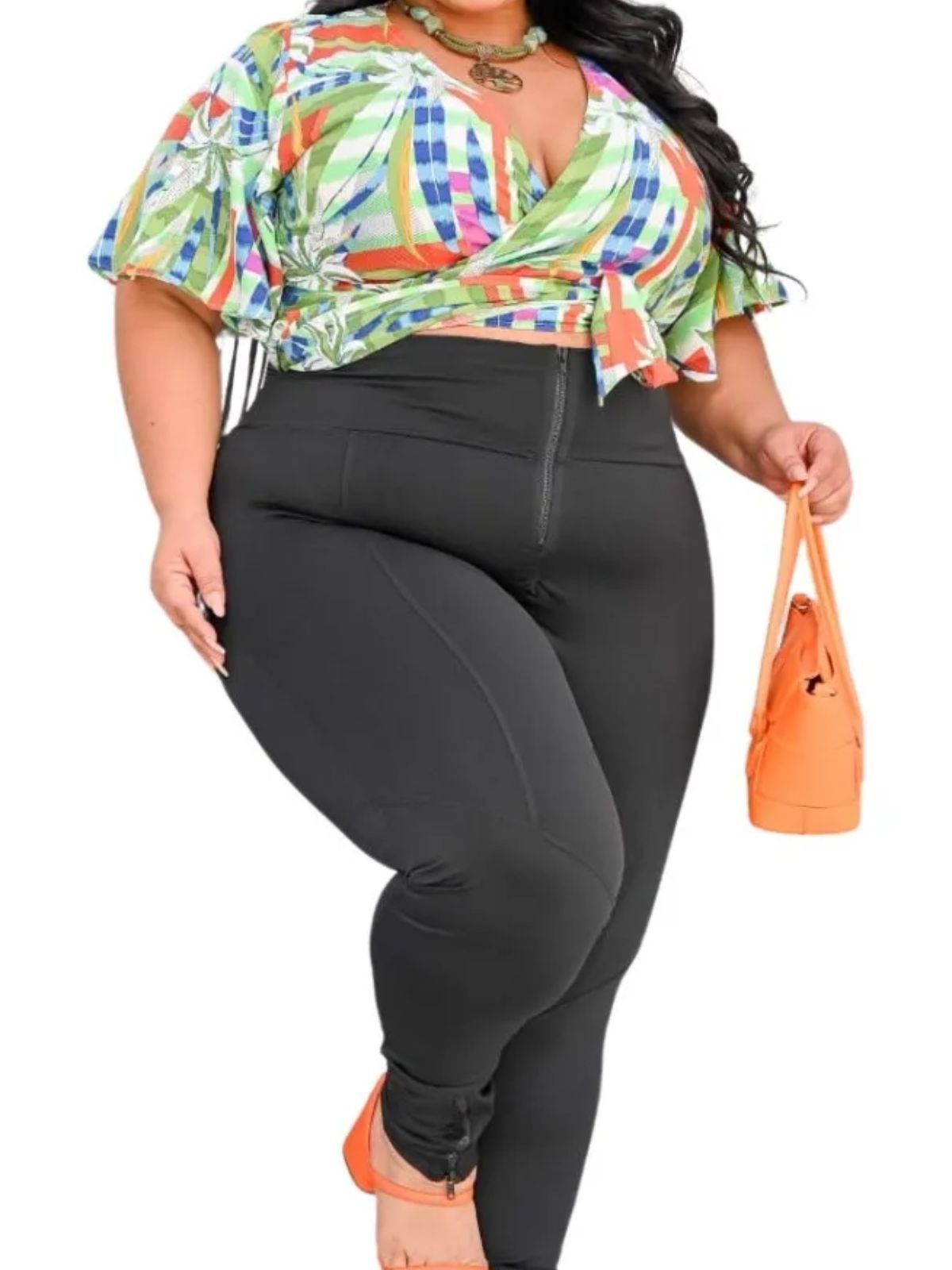 Vista 3 Calça Summer Body Legging Plus Size Cintura Alta Ziper Na Frente G2g3 preto preto