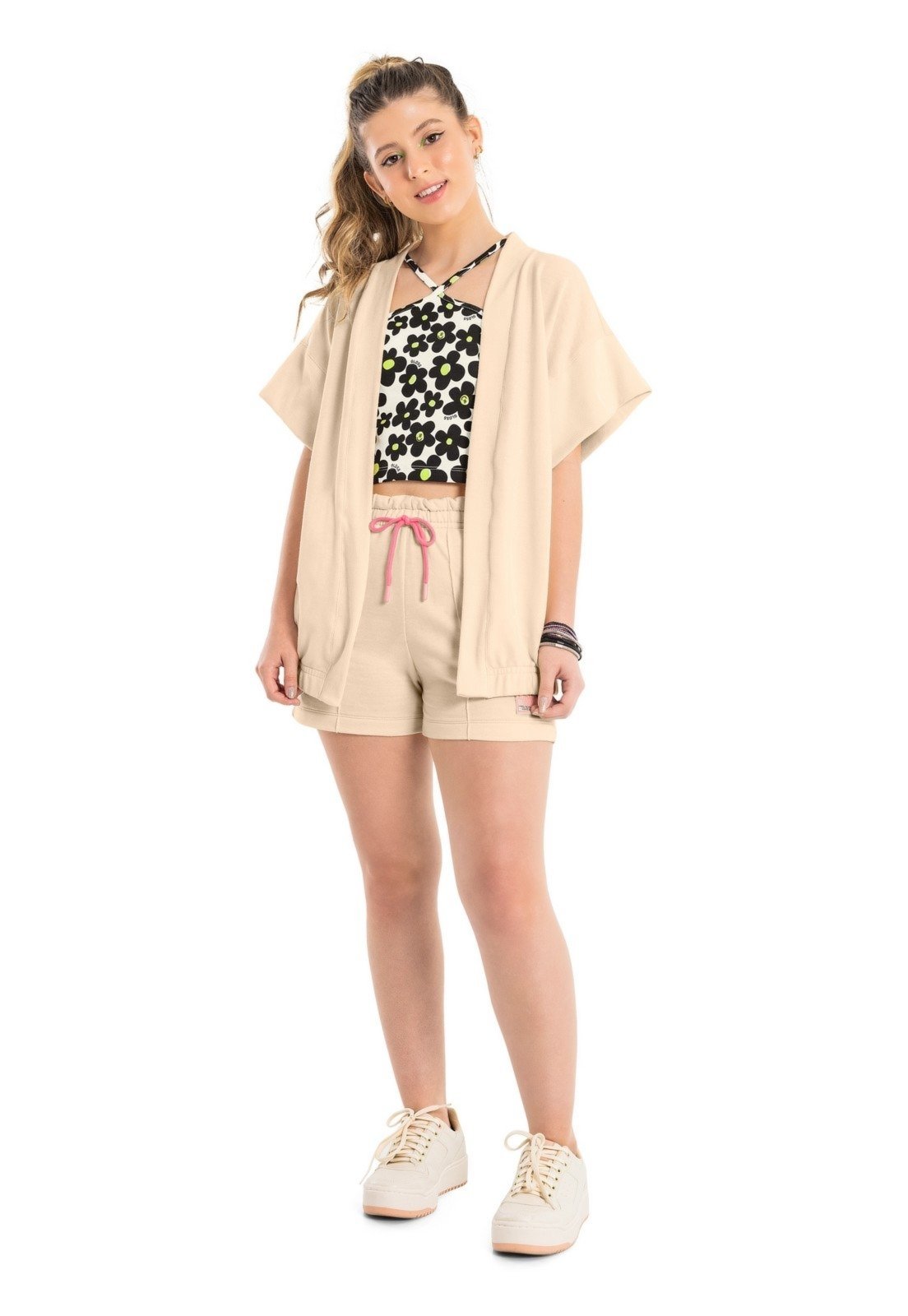 Infantil – Kimono Oversize Juvenil em Moletom Gloss Bege