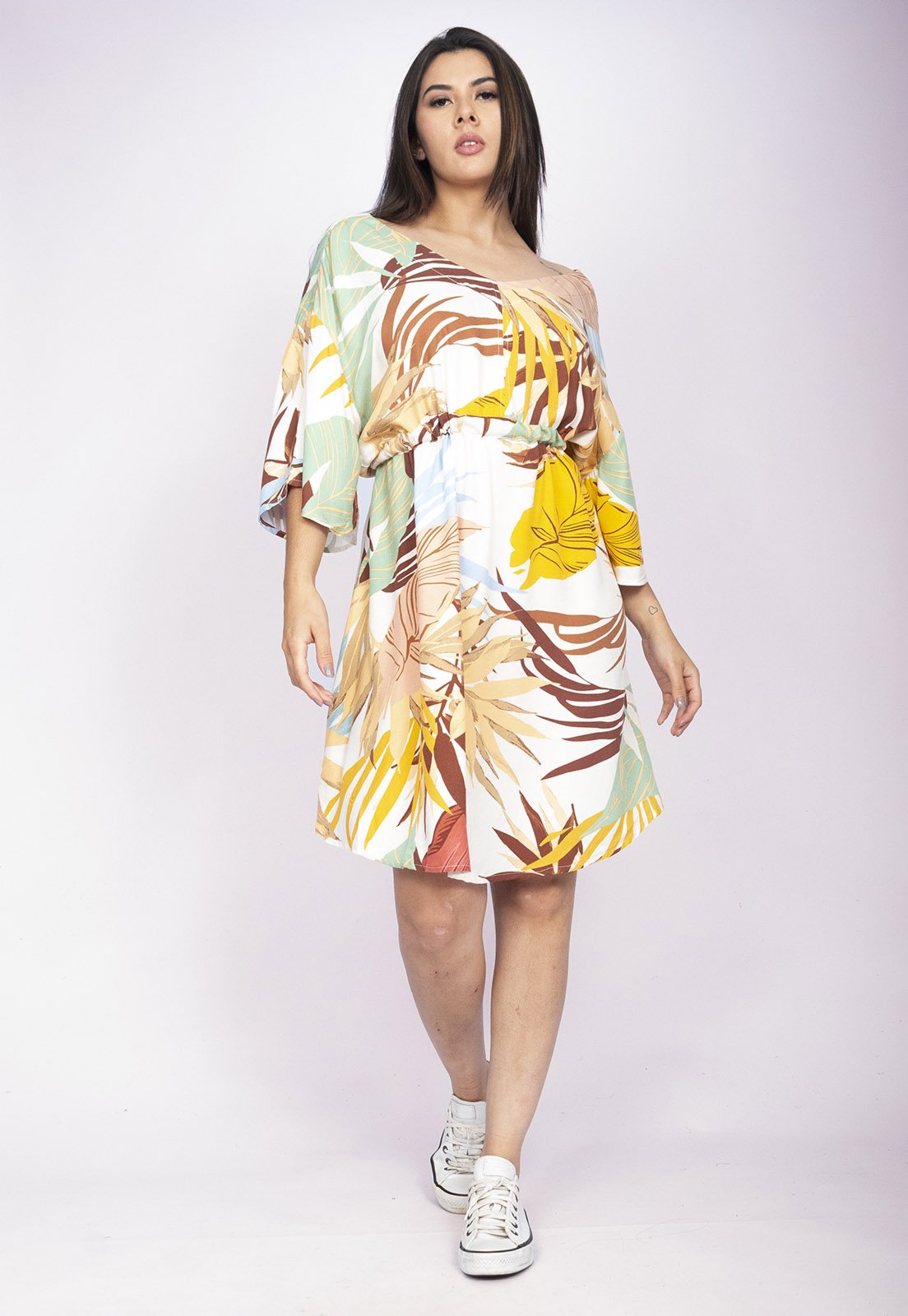 Vestido Curto CabanaFree Caaxixá Viscose com Cordão na Cintura Estampa Aurora Suave