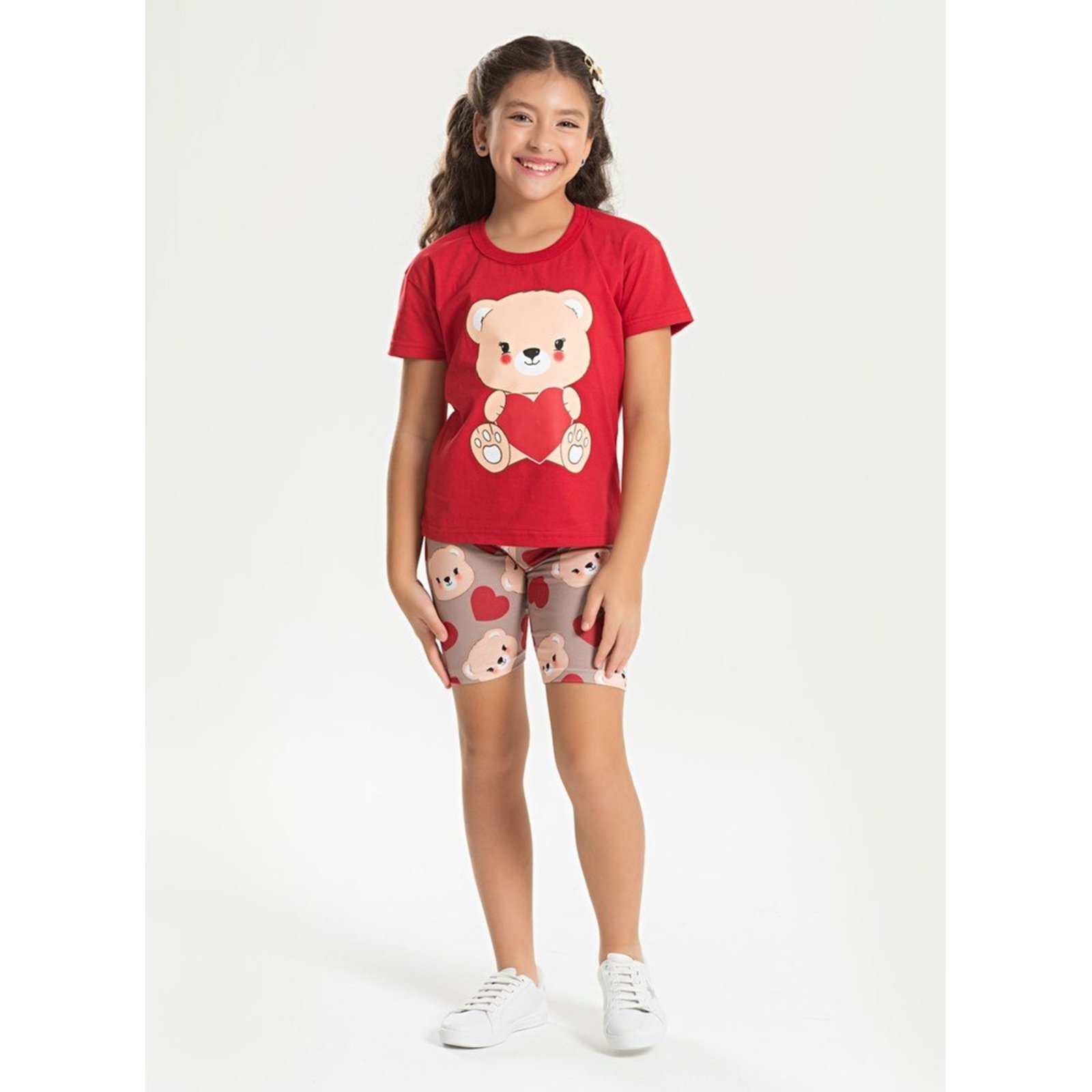 Infantil – Conjunto Verão Menina Vermelho Blusa e Shorts Ciclista Ursinho Coração