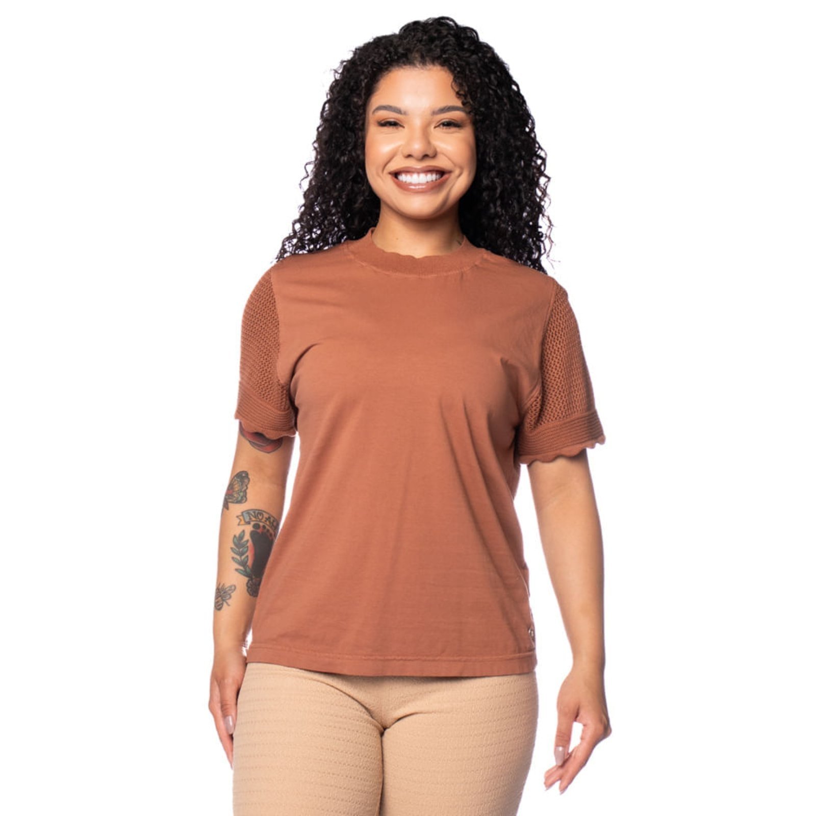 Blusa Feminina Biamar Algodão Manga Vazada Marrom