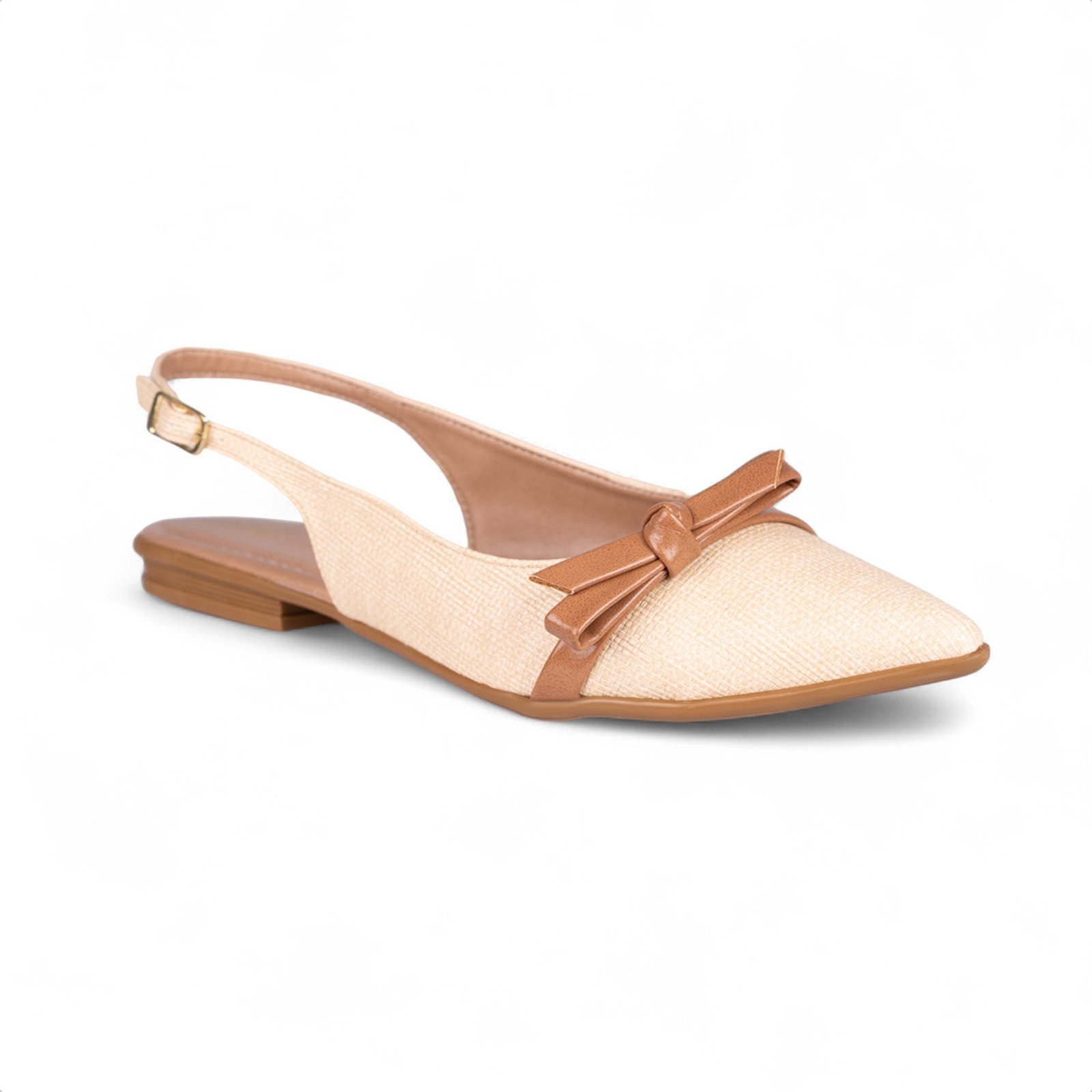 Vista 2 Sapatilha Slingback Fivela Bico Fino Tramado Laço Delicado Caramelo bege bege