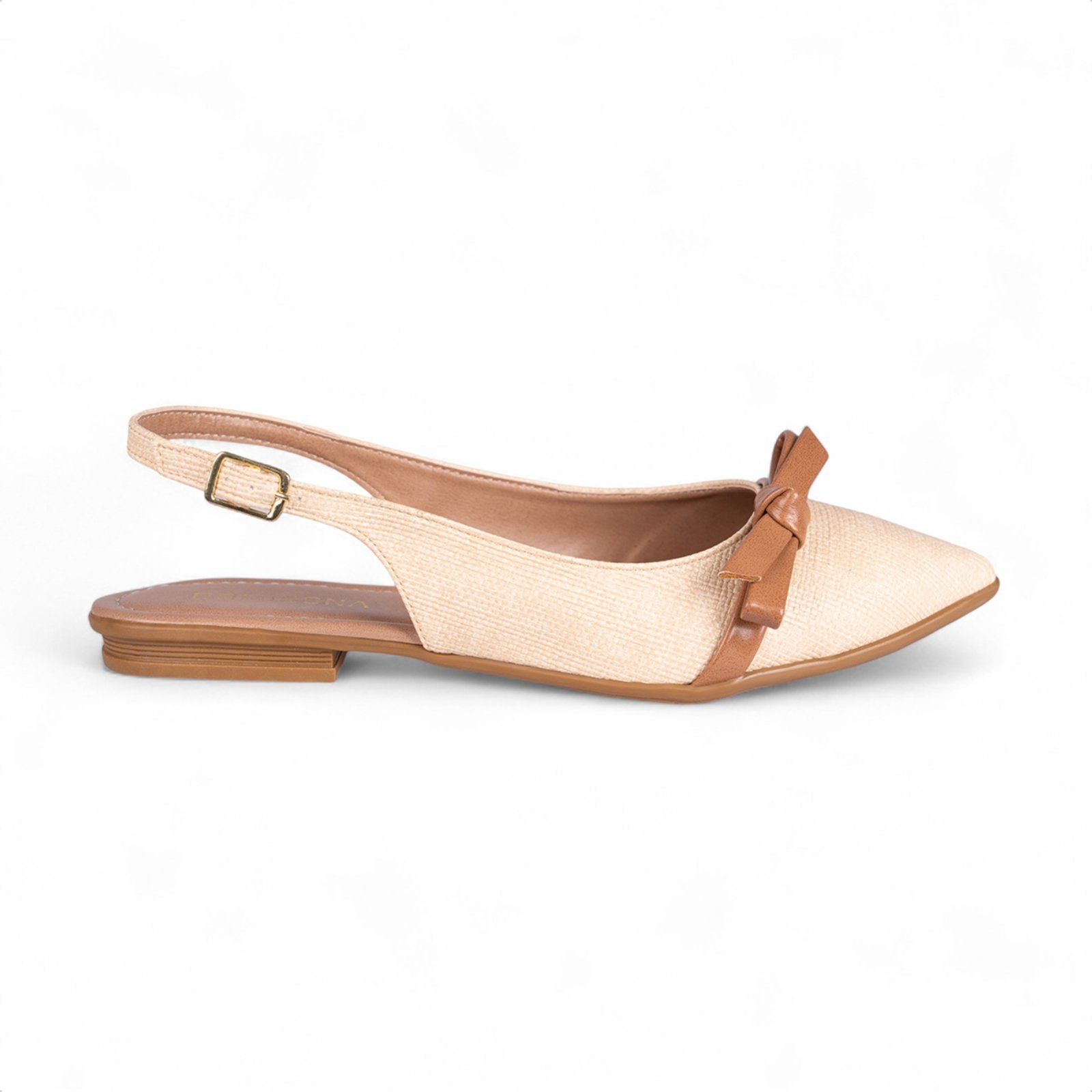 Vista 3 Sapatilha Slingback Fivela Bico Fino Tramado Laço Delicado Caramelo bege bege