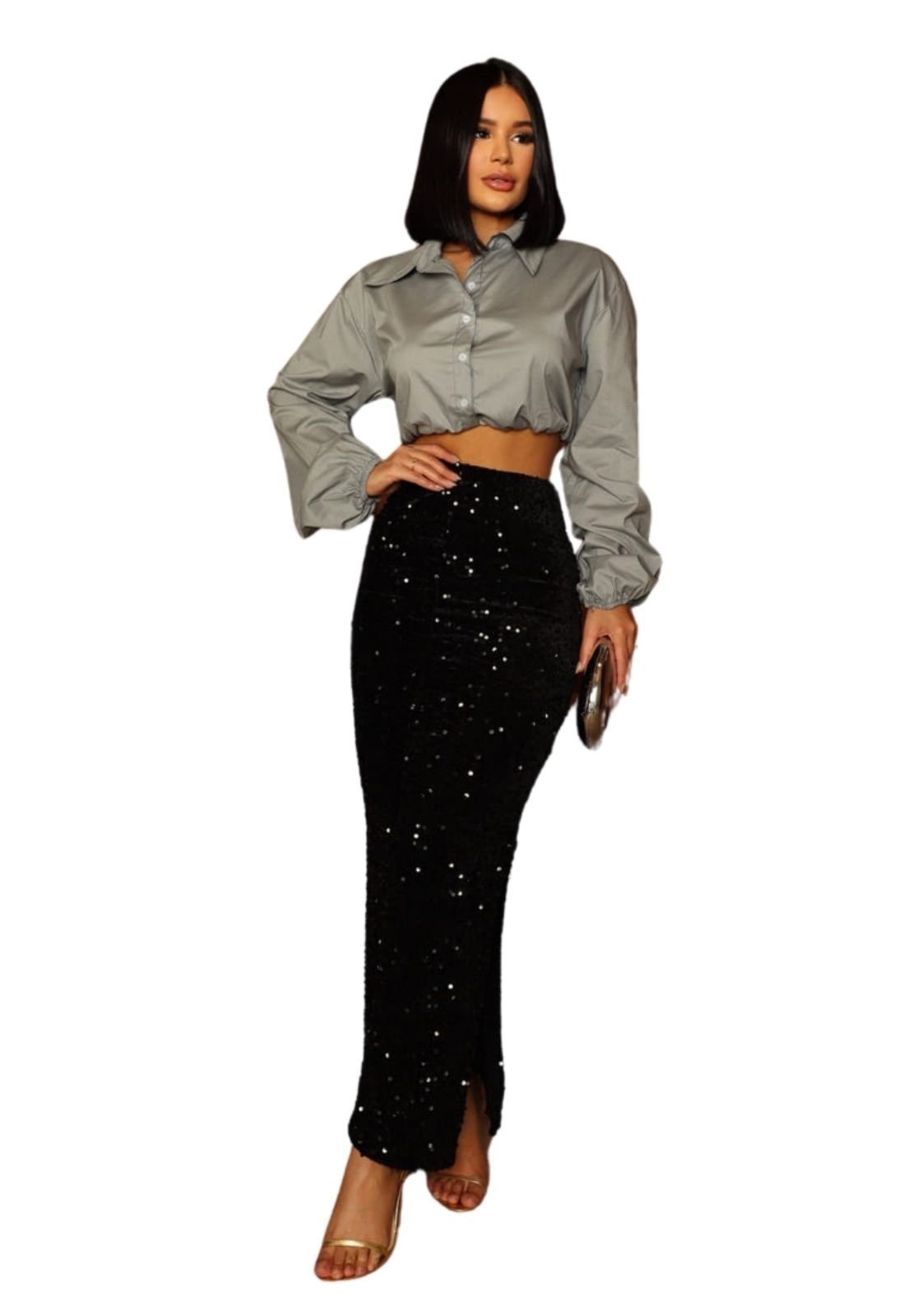 Vista 2 Camisa Cropped Tricoline Manga Longa Com Botões Oyare Cia do Vestido preto Cia do Vestido preto