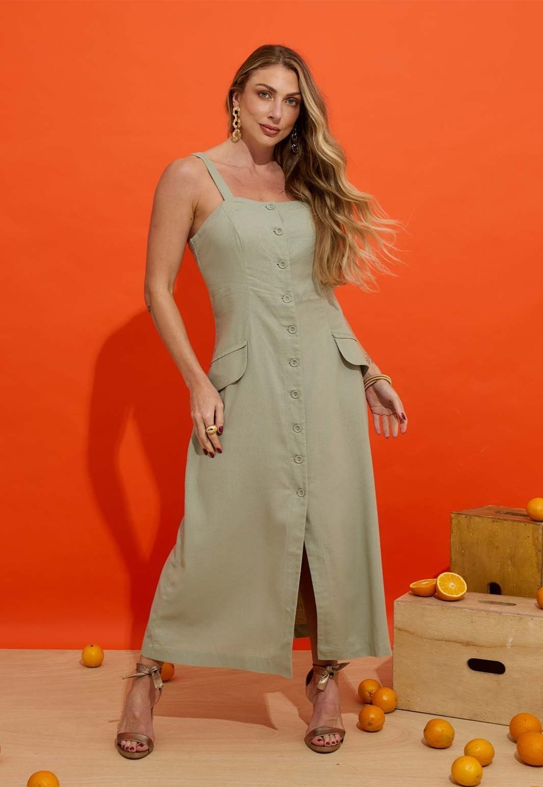 Vestido Kímika com Abotoamento Frontal Verde Claro