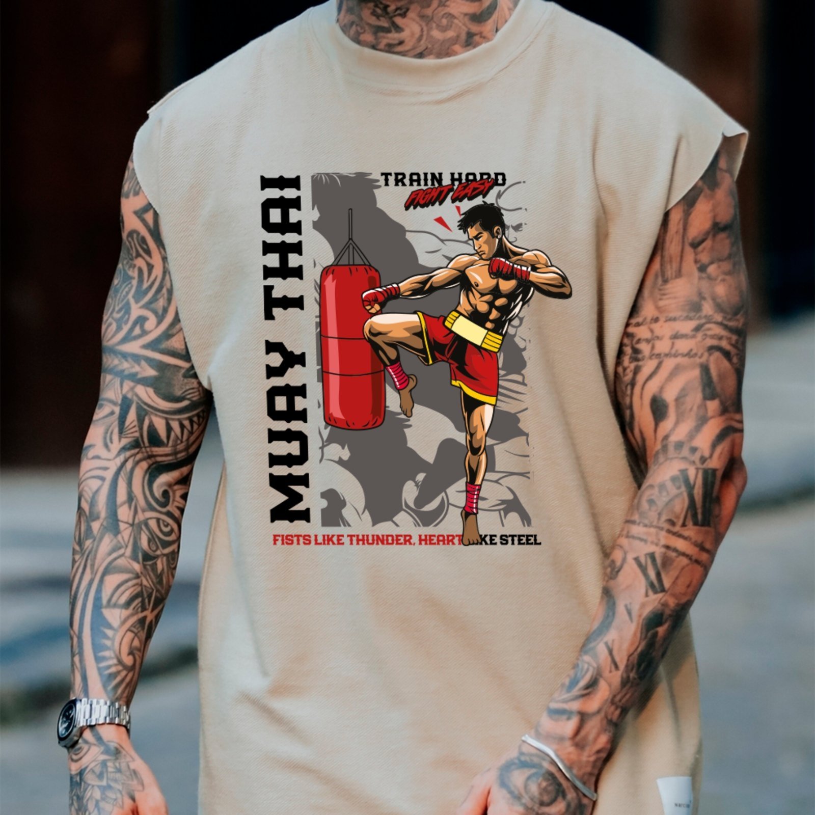 Camiseta Regata Machão Ousy Muay Thai Oversized Masculina Off White