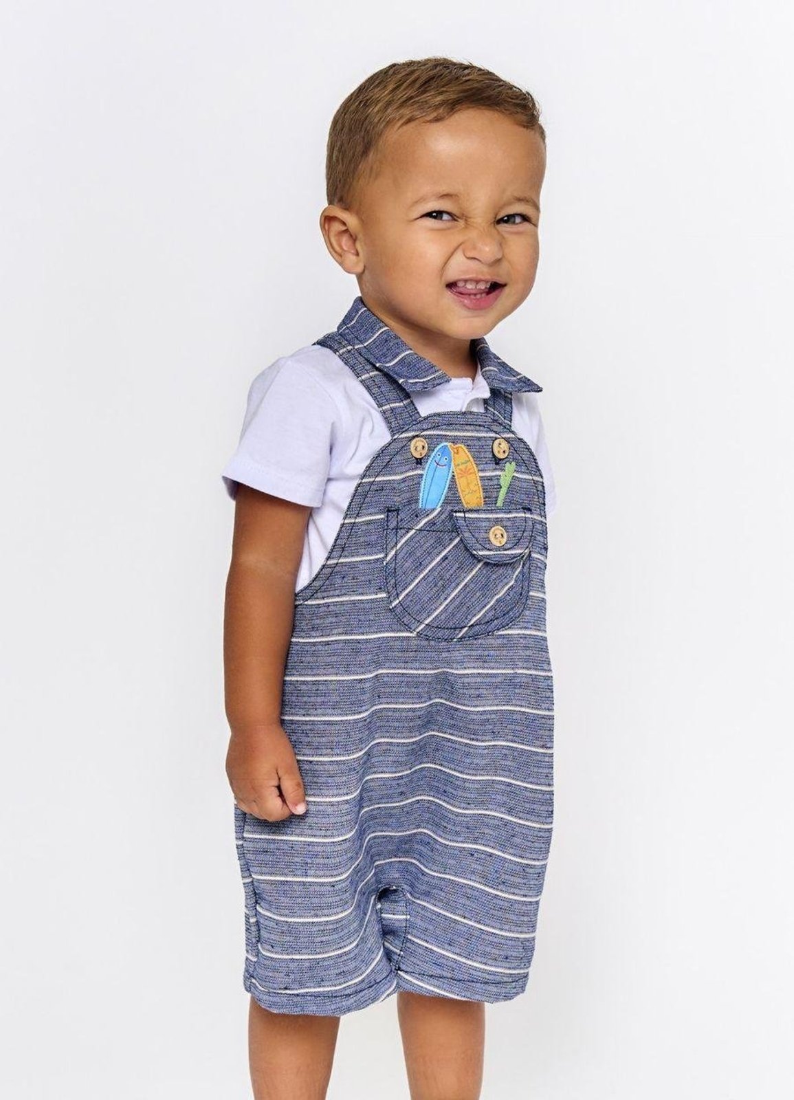 Infantil - Jardineira Menino Nova Aventura Surf Detalhe Bolso Azul
