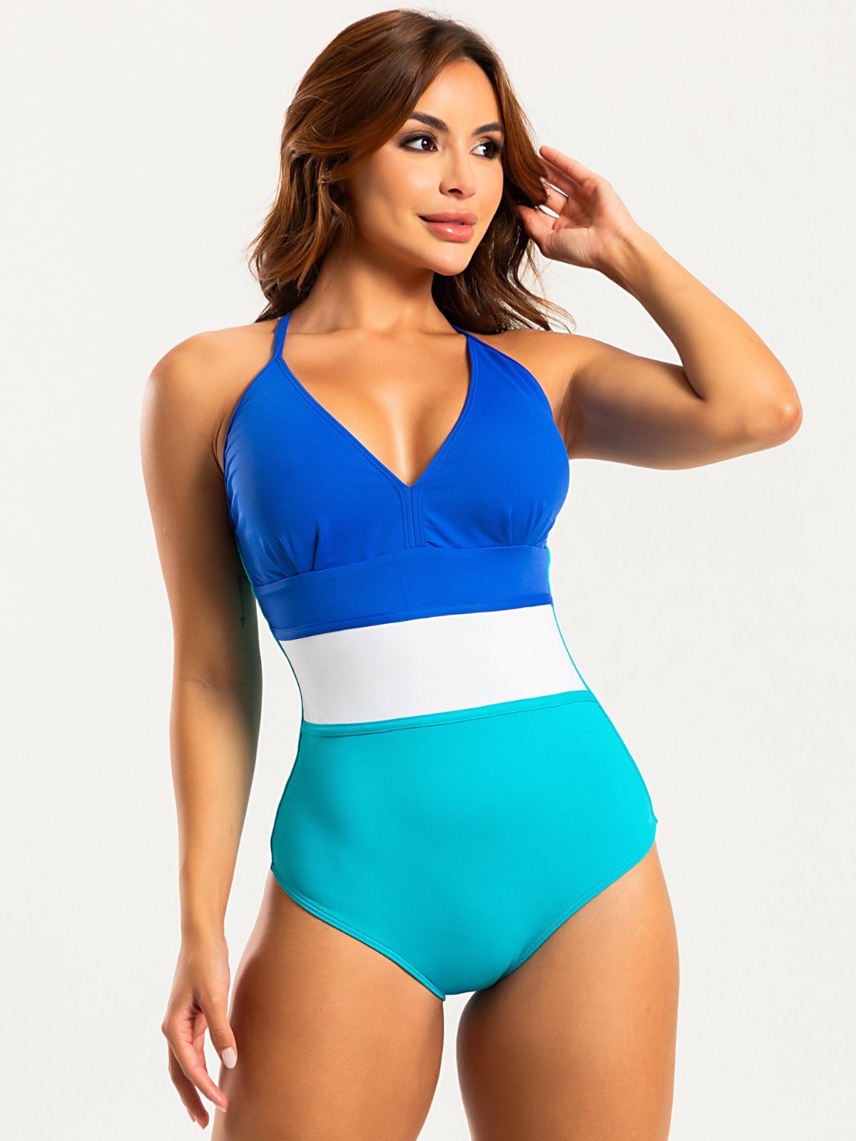 Maiô Modelador Orla da Praia Frente Única com Bojo Cortinão Discreto Tricolor Azul Ciano