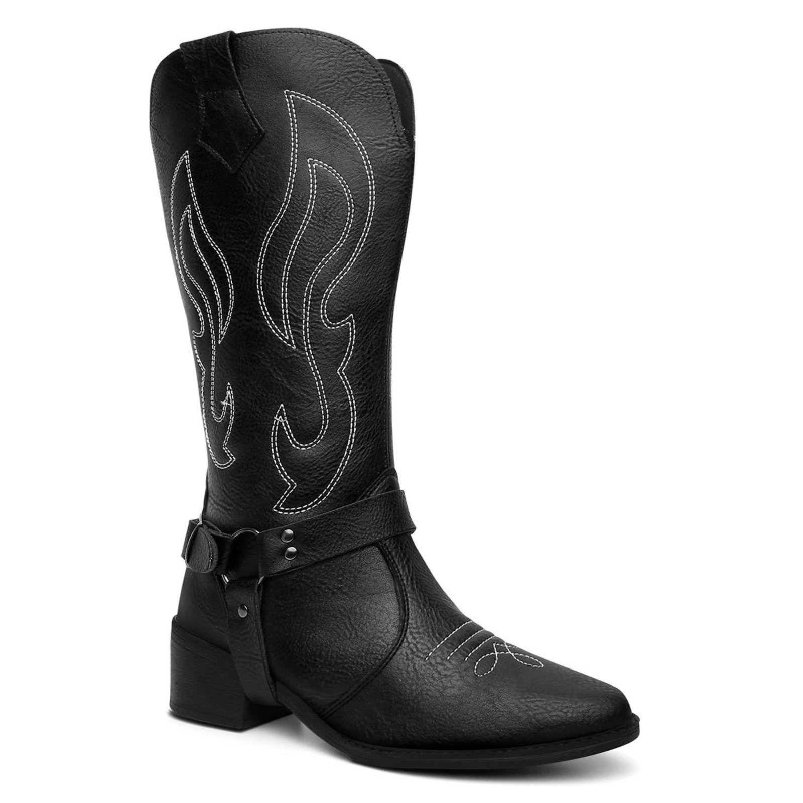 Bota Feminina Texana Veritimo Cano Médio Alto Western Bordada Bico Fino Cabresto Preto