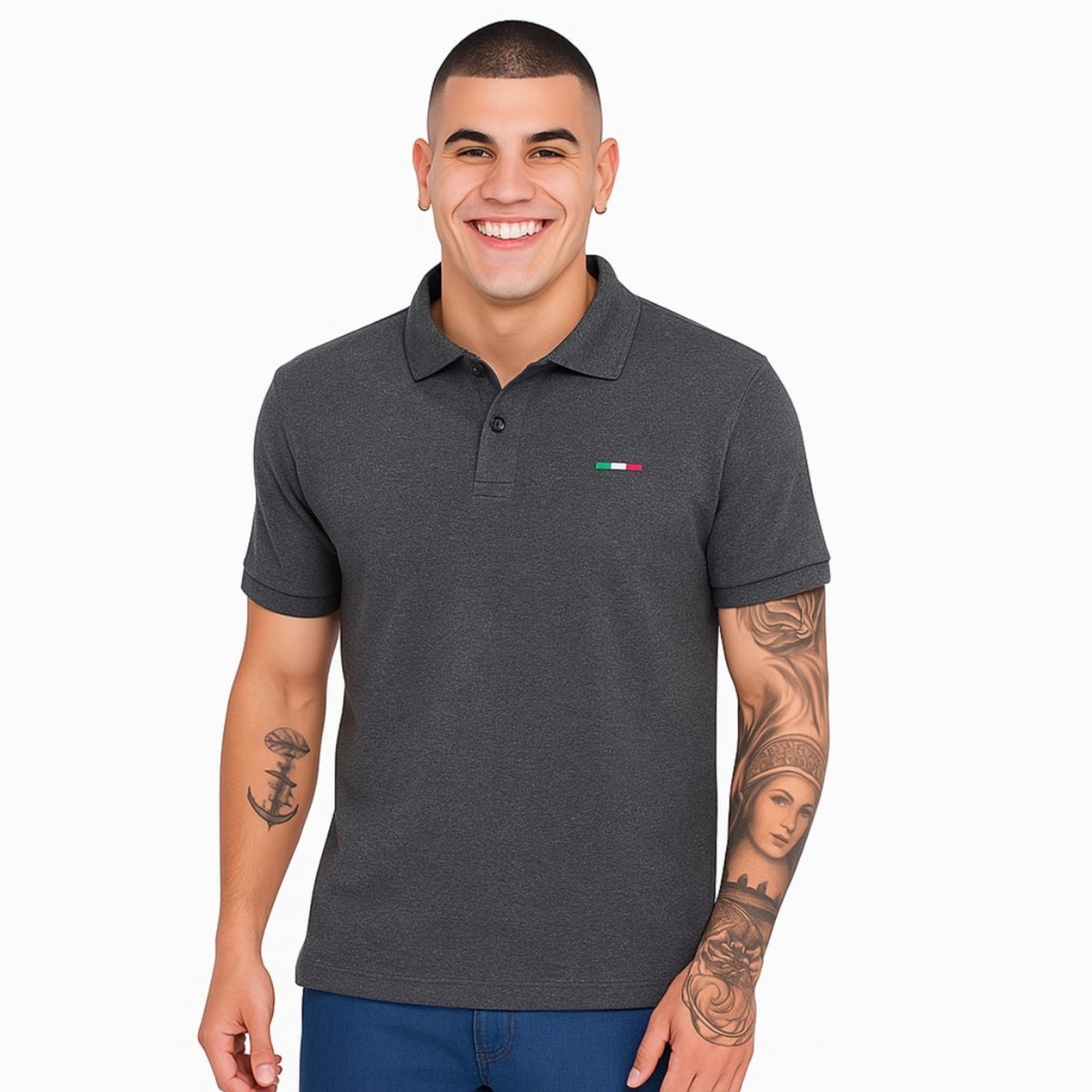 Camisa Polo Industrie Masculina Básica Industrie Piquet no Estilo Tommy Bordado Itália Chumbo