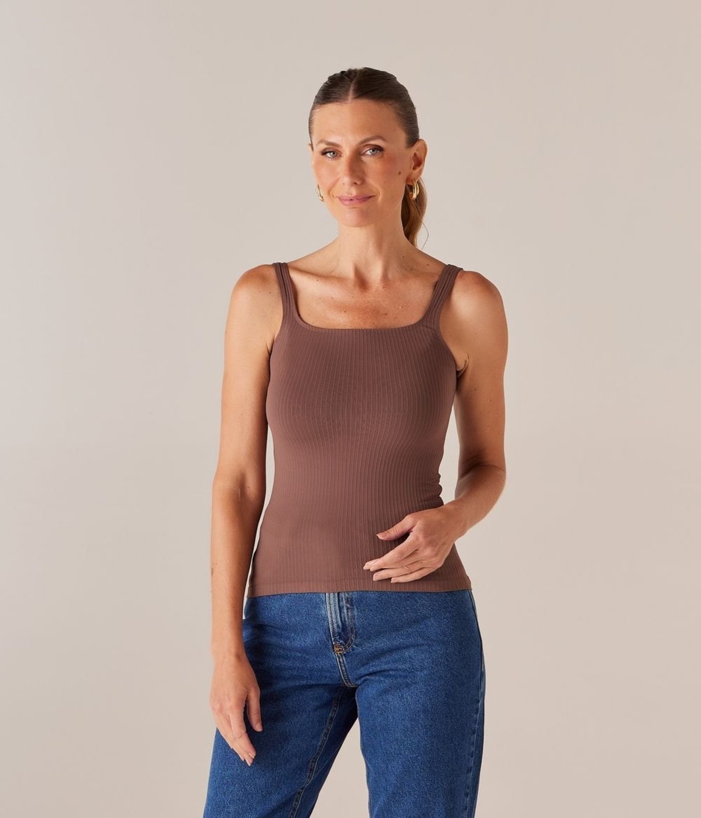 Regata Underwear Decote Quadrado Feminina Marrom