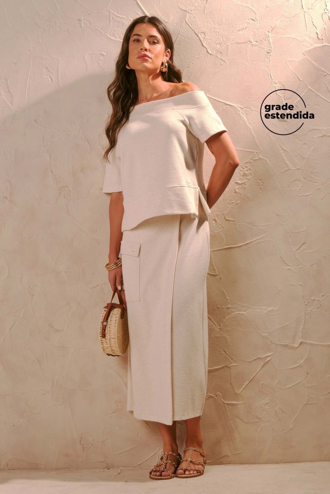 Saia Feminina Midi Comfy em Linho Marialícia Bege