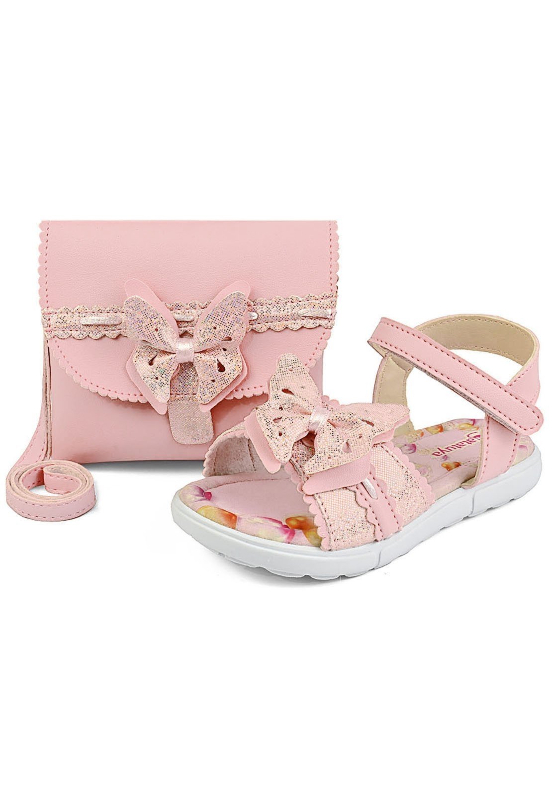 Infantil – Kit Sandália Menina Com Bolsa Conforto Rosa Brilho Borboleta Mzkid