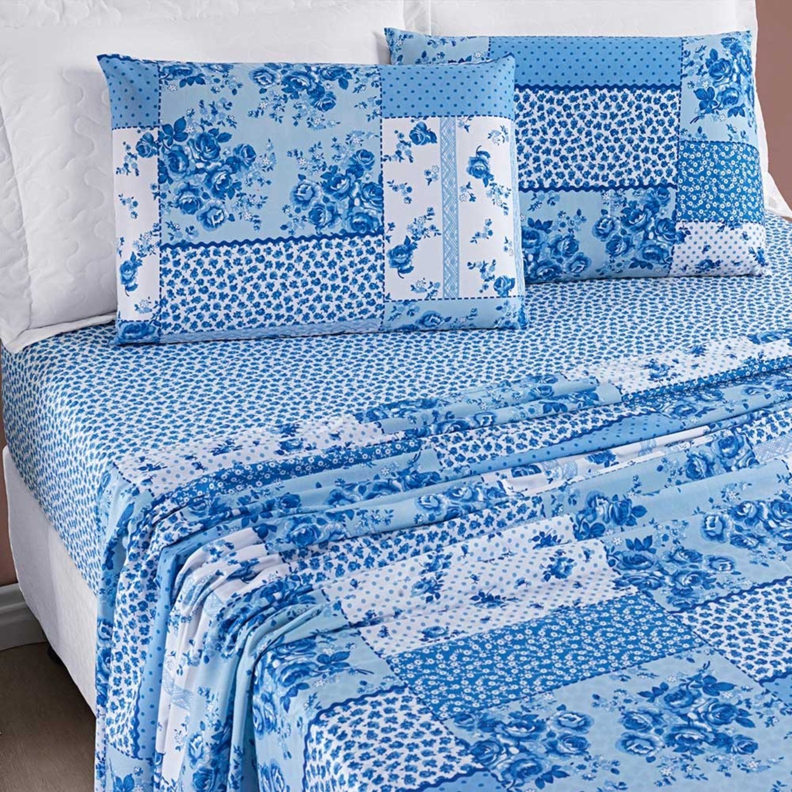 Jogo de Cama Lençol Casa Scarpa Dallas Solteiro Microfibra 3 Peças - Azul Sereno Patchwork