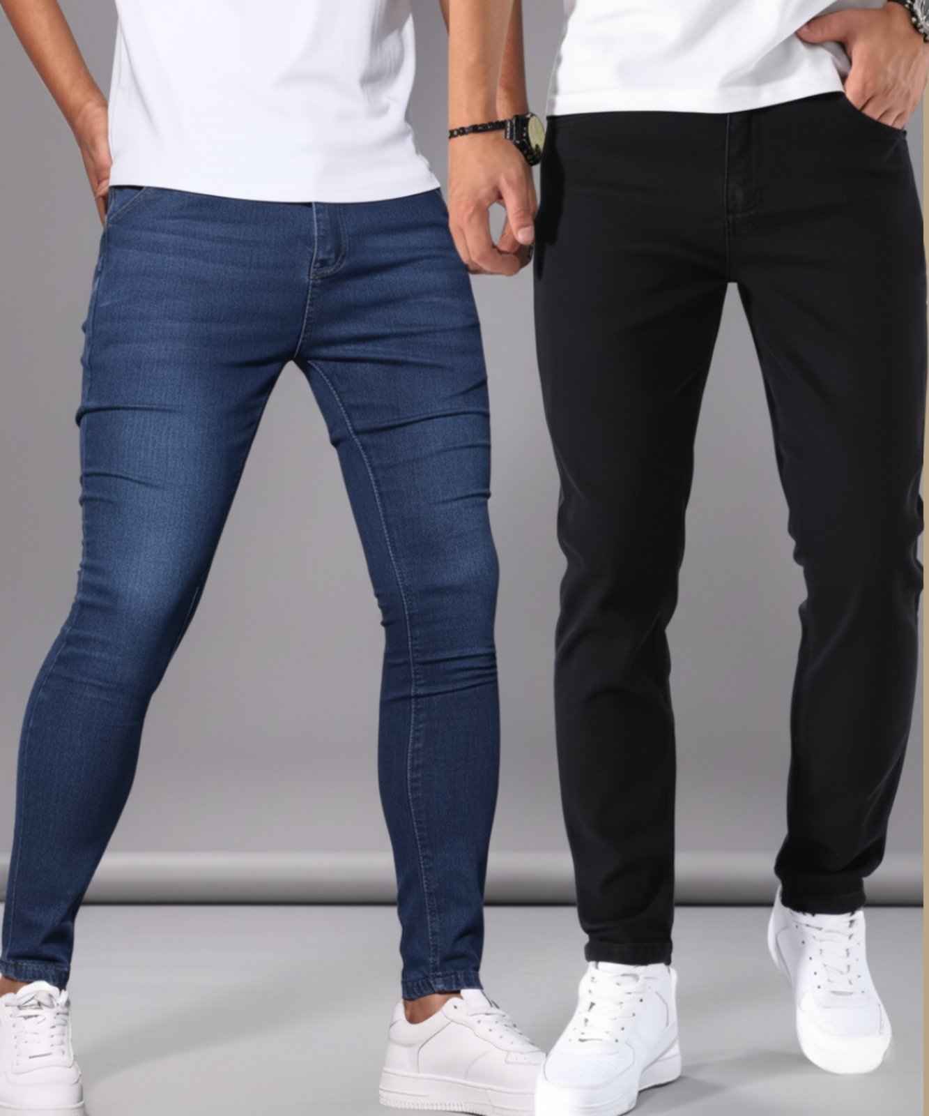 Kit 2 Calças Jeans Slim Alpha Street Wear Casual e Confortavel Fashion e Basica Azul Escuro e Preto