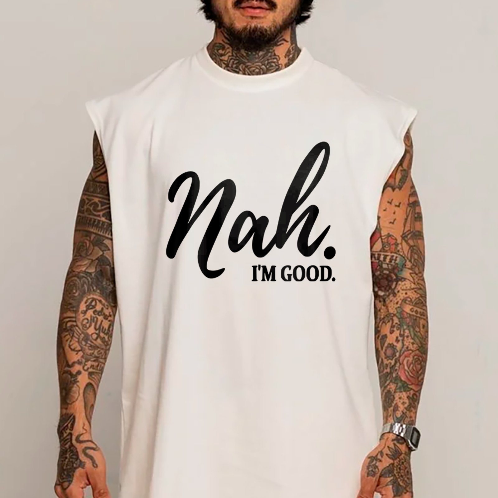 Camiseta Regata Machão Nah Im Good Lettering Estilo Streetwear Branco