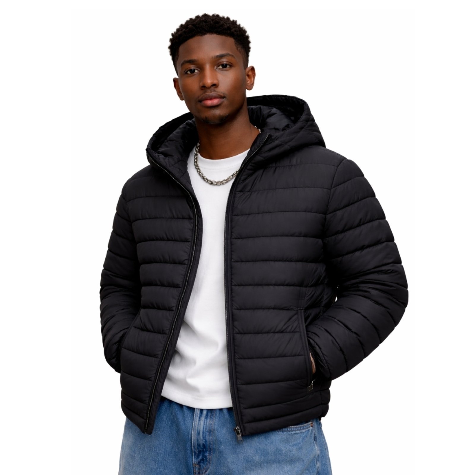 Jaqueta Puffer Relaxado Bobojaco Poliester Com Bolsos e Capuz Removivel Preto